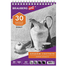 Альбом-скетчбук А5 "Brauberg" Art debut, 160 г/м2, 30л, белая бумага, спираль, арт.110989