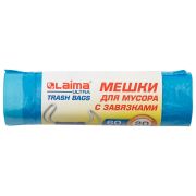 Мешки для мусора с завязками LAIMA «ULTRA» 60 л, синие, рулон 20 шт., прочные, ПНД 18 мкм, 60х70 см, 607692