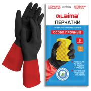 Перчатки МНОГОРАЗОВЫЕ латексные LAIMA «БИКОЛОР» черно-красные, ОСОБО ПРОЧНЫЕ, хлопковое напыление, размер S (малый), вес 52 г, 700537