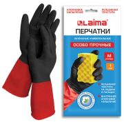 Перчатки МНОГОРАЗОВЫЕ латексные LAIMA «БИКОЛОР» черно-красные, ОСОБО ПРОЧНЫЕ, хлопковое напыление, размер M (средний), вес 55 г, 700538