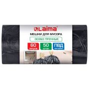 Мешки для мусора с завязками 60 л, черные, в рулоне 50 шт., особо прочные, ПВД 30 мкм, 60x68 см, LAIMA, 702659