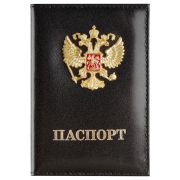Обложка для паспорта OfficeSpace натуральная кожа Шик, текстура гладкая, тиснение «ПАСПОРТ», подклад текстиль, черный, металлический шильд Герб