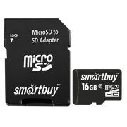 Карта памяти SmartBuy MicroSDHC 16GB UHS-1, Class 10, скорость чтения 30Мб/сек (c адаптером SD)