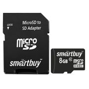 Карта памяти SmartBuy MicroSDHC 8GB UHS-1, Class 10, скорость чтения 23Мб/сек (с адаптером SD)