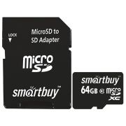 Карта памяти SmartBuy MicroSDXC 64GB UHS-1, Class 10, скорость чтения 60Мб/сек (с адаптером SD)