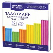 Пластилин классический BRAUBERG «АКАДЕМИЯ КЛАССИЧЕСКАЯ», 12 цветов, 240 г, СТЕК, ВЫСШЕЕ КАЧЕСТВО, 106423