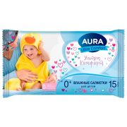Салфетки влажные Aura «Ultra comfort», 15шт., детские, универсал. очищающие, без спирта