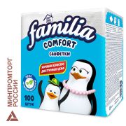 Салфетки бумажные 100 шт., 24x23 см, FAMILIA, белые, 100% целлюлоза, 5080553