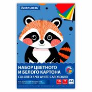 Набор картона БЕЛЫЙ + ЦВЕТНОЙ А4 немелованный, 10 листов (белый 4 листа + цветной 6 листов), в папке, BRAUBERG, 116631