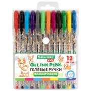 Ручки гелевые КЛАССИЧЕСКИЕ BRAUBERG KIDS «CUTE ANIMALS», НАБОР 12 ЦВЕТОВ, корпус с печатью, узел 1 мм, линия письма 0,7 мм, 144445