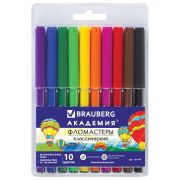 Фломастеры BRAUBERG «АКАДЕМИЯ», 10 цветов, вентилируемый колпачок, ПВХ упаковка, 151410
