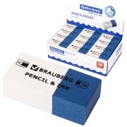 Ластик BRAUBERG «PENCIL & INK», 39х18х12 мм, для ручки и карандаша, бело-синий, 229578