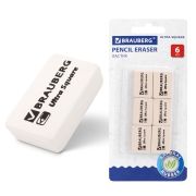 Ластики BRAUBERG «Ultra Square» 6 шт., размер ластика 29х18х8 мм, белые, натуральный каучук, 229603