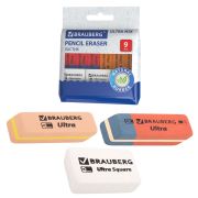Ластики BRAUBERG «Ultra Mix» 9 шт., размер ластика 41х14х8 мм/29х18х8 мм, натуральный каучук, 229604
