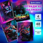 Тетради ДЭК А5 48 л. КОМПЛЕКТ 4 шт., BRAUBERG, гребень, клетка, TWIN лак, «Neon Cats», 404660