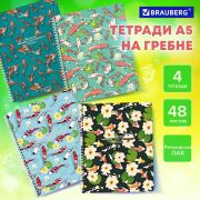 Тетради ДЭК А5 48 л. КОМПЛЕКТ 4 шт., BRAUBERG, гребень, клетка, TWIN лак, «Карпы Кои», 404661