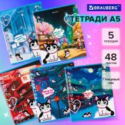 Тетради ДЭК А5 48 л. КОМПЛЕКТ 5 шт. BRAUBERG, скоба, клетка, матовая ламинация, лак, «Аниме Кот», 404671