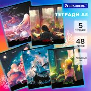 Тетради ДЭК А5 48 л. КОМПЛЕКТ 5 шт., BRAUBERG скоба, клетка, глянцевый лак, «Anime Dreams», 404674