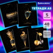 Тетради ДЭК А5 48 л. КОМПЛЕКТ 5 шт. BRAUBERG, скоба, клетка, матовая ламинация, фольга, «Black&Gold», 404677