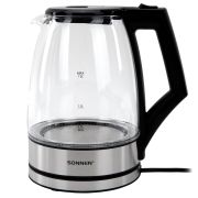Чайник электрический SONNEN KT-1807, 1,8 л, 2200 Вт, термостойкое стекло, внутренняя подсветка синяя, нержавеющая сталь, 455140