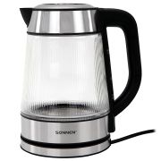 Чайник электрический SONNEN KT-6801, 1,8 л, 2200 Вт, термостойкое стекло текстура полоска, внутренняя подсветка синяя, нерж. сталь, 455143