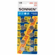 Батарейки алкалиновые «таблетка» КОМПЛЕКТ 10 шт., SONNEN Alkaline 76A (G13, LR44), в блистере, 457137