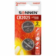 Батарейки литиевые SONNEN Lithium CR2025, «таблетки, дисковые, кнопочные», КОМПЛЕКТ 2 шт., блистер, 457139