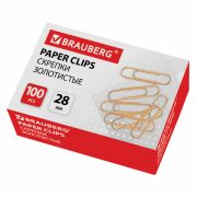 Скрепки канцелярские 28 мм «Brauberg» 100 шт, золото, арт. 221529